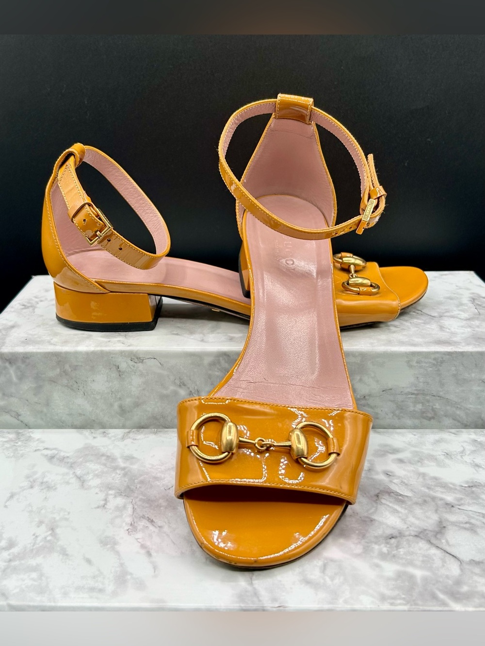 GUCCI Horsebit Block-Heel Sandals Mustard-Yellow Color. EU size 36